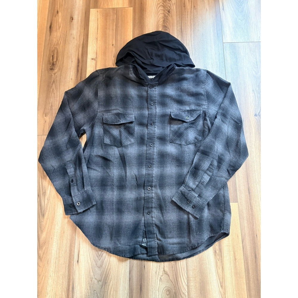 RSQ Men's Hooded Flannel Shirt – Size Large – Black/Grey Plaid